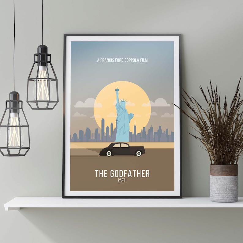 May include: A minimalist poster design for The Godfather Part II movie. The poster features a black car driving past the Statue of Liberty in front of a cityscape with a yellow sun in the background. The text "A Francis Ford Coppola Film" is at the top of the poster and "THE GODFATHER PART II" is at the bottom.