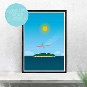 May include: A digital illustration of a small island with a green palm tree in the middle of a blue ocean. Two airplanes are flying in the sky above the island. The sun is shining brightly in the blue sky.