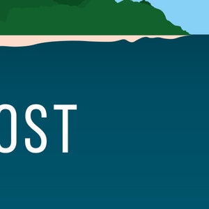May include: A white word "LOST" on a dark teal blue background. The word is in a bold, sans-serif font.