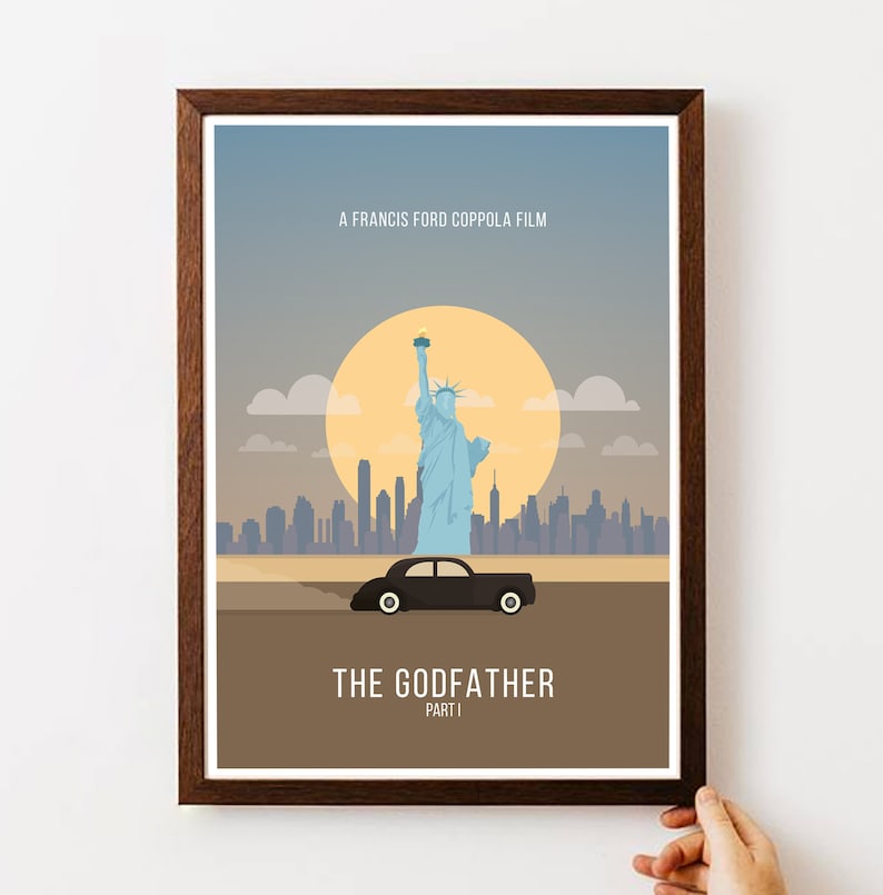May include: A minimalist poster design for The Godfather Part I movie. The poster features a black car driving in front of the Statue of Liberty with the New York City skyline in the background. The text "A Francis Ford Coppola Film" and "The Godfather Part I" are printed on the poster.