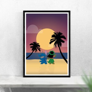 May include: A digital illustration of Stitch and Lilo from the Disney movie Lilo & Stitch. Stitch is blue and Lilo is wearing a green hula skirt. They are standing on a beach with palm trees and a large yellow moon in the background.