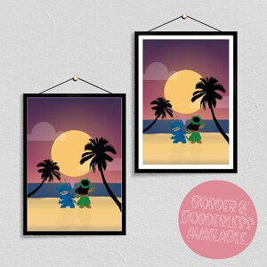May include: A digital illustration of two cartoon characters, Stitch and Lilo, dancing on a beach at sunset. The background is a purple and pink gradient with a large yellow sun and palm trees.