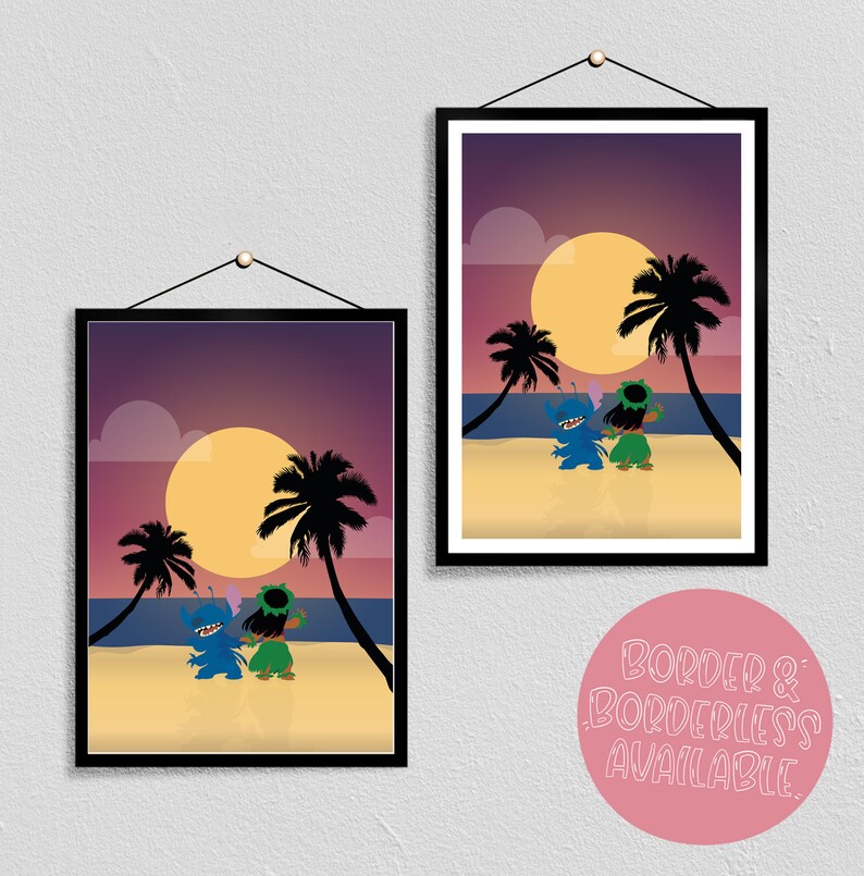 May include: A digital illustration of two cartoon characters, Stitch and Lilo, dancing on a beach at sunset. The background is a purple and pink gradient with a large yellow sun and palm trees.