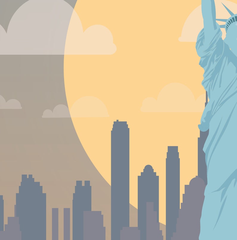 May include: Silhouette of the Statue of Liberty with a yellow sun and a cityscape in the background. The cityscape is made up of tall buildings in shades of gray.