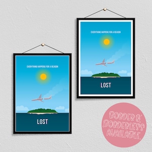 May include: Two framed prints with a blue sky, a yellow sun, a green island, and a plane flying overhead. The text on the prints reads "Everything happens for a reason" and "Lost".