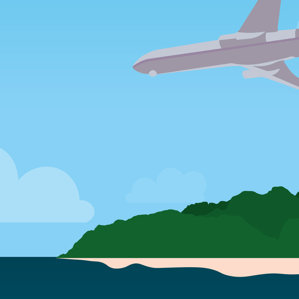 May include: A gray airplane flying over a green island with a sandy beach and blue water.