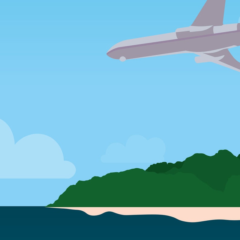May include: A gray airplane flying over a green island with a sandy beach and blue water.