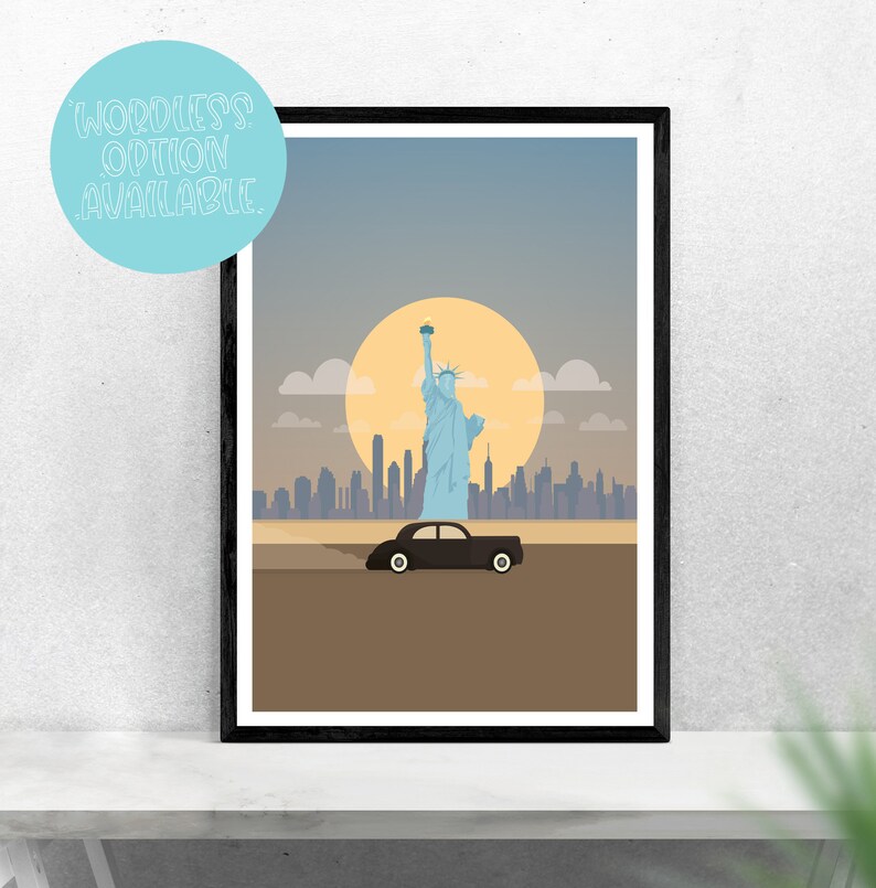 May include: A black and white illustration of the Statue of Liberty in front of a cityscape with a yellow sun and a black car driving in the foreground.