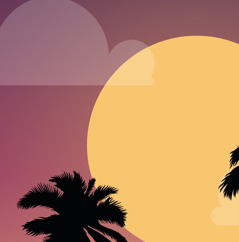 May include: Silhouette of two palm trees against a sunset with a large yellow sun in the background.
