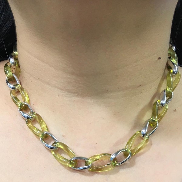 Angelique De Paris 925 Sterling Silver Maillon Yellow Lime Resin Open Chain Link Necklace