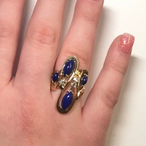 Vintage Abstract Blue Lapis Marquise Cabochon Geometric 3 Round Diamond Abstract, Wave Split Shank Ring Size 7