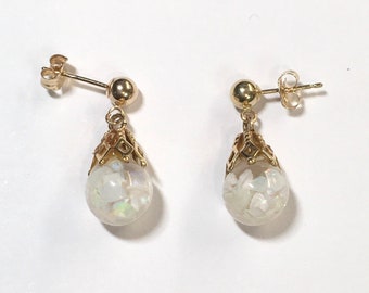 Vintage 14K Yellow Gold Floating Glass Opal Orb Dangle Post Ball Earrings