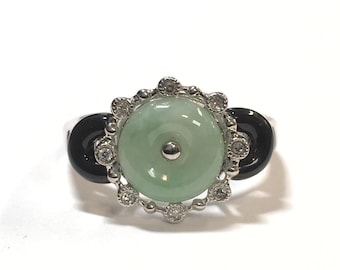 14K White Gold Art Deco Style Green Jade, Black Onyx Diamond Bezel Ring Size 10.25