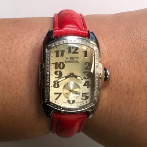Invicta lupah diamond bezel watch with red band Vintage Invicta Lupah Silver Tank Watch Mother of Pearl Mop  main image 2