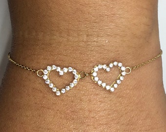 Double 2 Heart CZ Diamond Cut Cable Chain Bolo Style 10k Yellow Gold Adjustable Bracelet