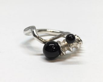 Handmade Sterling Silver Twisted Black Onyx Bead Stackable Adjustable Ring