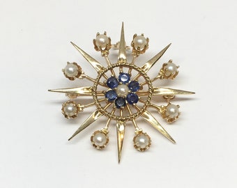 Antique Ceylon Sapphire Undrilled Pearl Flip Down Bail Starburst Pendant Charm Brooch Pin