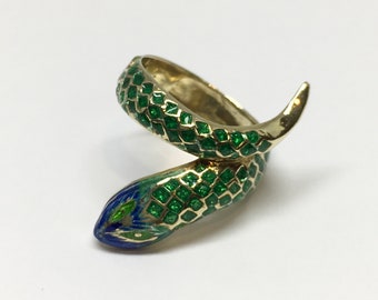 Estate 14k Yellow Gold Ombre Green Blue Enamel Textured Snake Wrap Ring Size 7