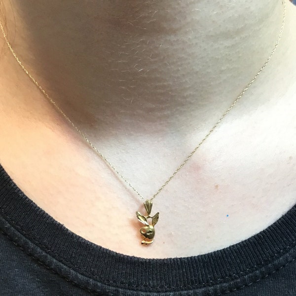 Vintage 14K Yellow Gold Playboy Bunny Charm Pendant Necklace 16" Long