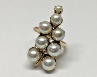Estate 18k Rose Gold Akoya Pearl Cluster Hanging Grapes Grapevine Ring Size 6.5