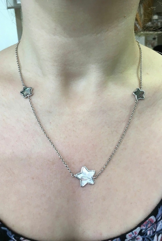 Sterling Silver Rhodium Plated Mother Of Pearl Stars Stations Necklace 20" Long