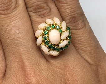 Estate 18k Gold Coral Emerald Ring: Swirl Statement Ring, Size 6