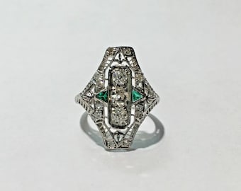 Antique Art Deco Platinum Diamond & Green Emerald Filigree Hand Engraved Ring Size 6 1/2