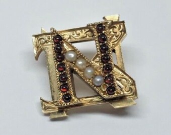 Antique 14k YG Seed Pearl Garnet Engraved 1919 Nu Sigma Nu Square Fraternity Pin Brooch Engraved T. Kennedy