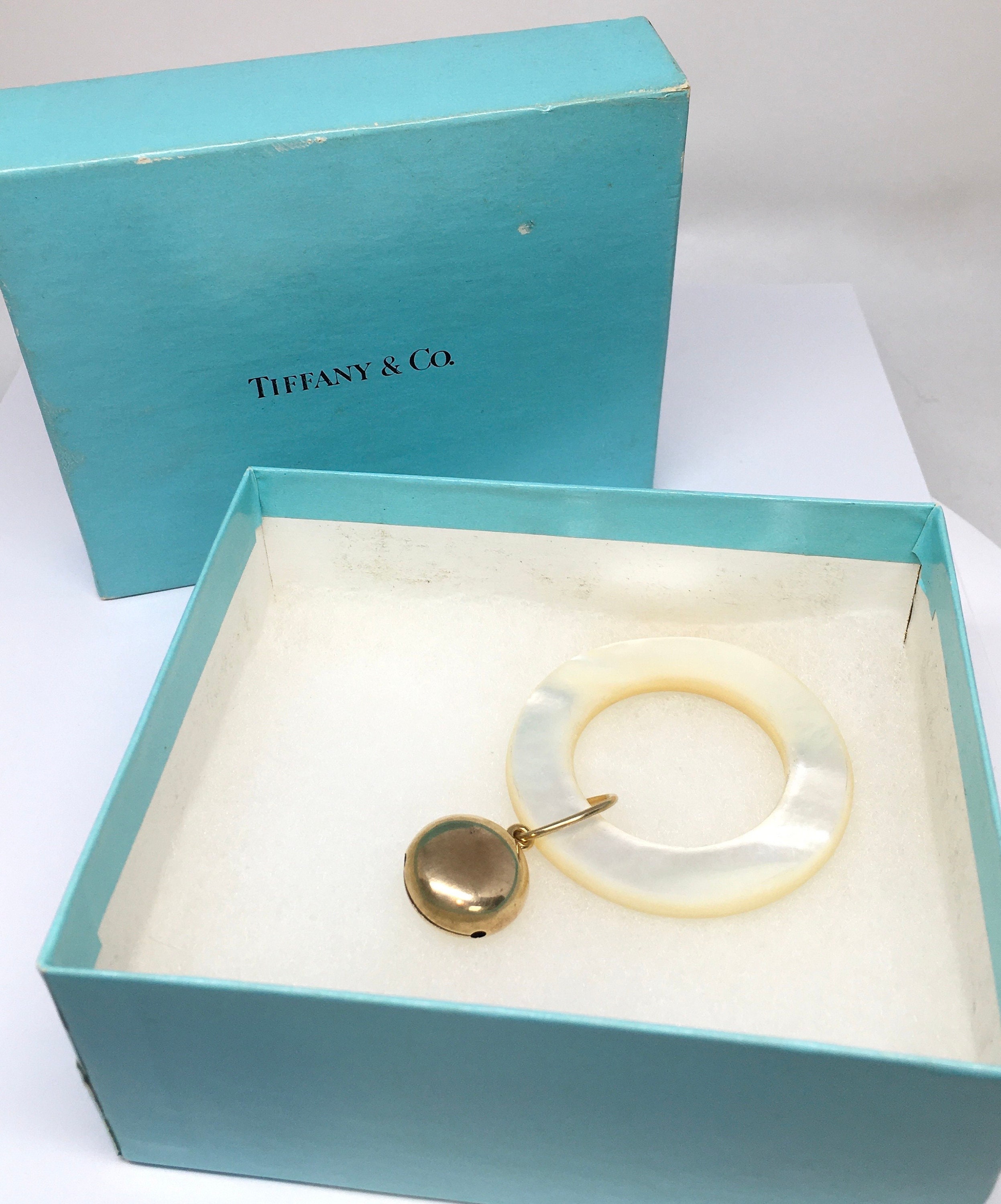 Antique Tiffany Co. 14k Yellow Gold Mother of Pearl Baby Rattle Teething Ring Dangle Toy
