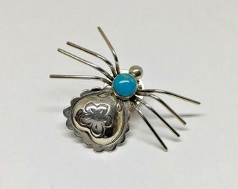 Signed Relios 925 Sterling Silver Round Turquoise Spider Brooch Lapel Coat Tie Tack Pin