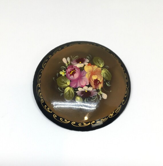 Russian Lacquer Oval Hand-Painted Bird Brooch main image 1