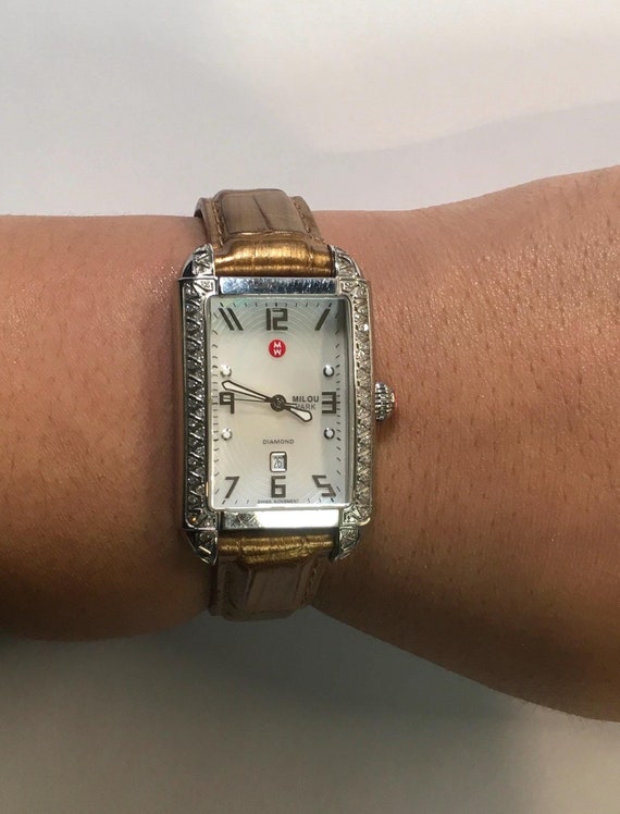 Michele Diamond Milou Park Rectangle Watch Gold Strap Mother  display picture 3