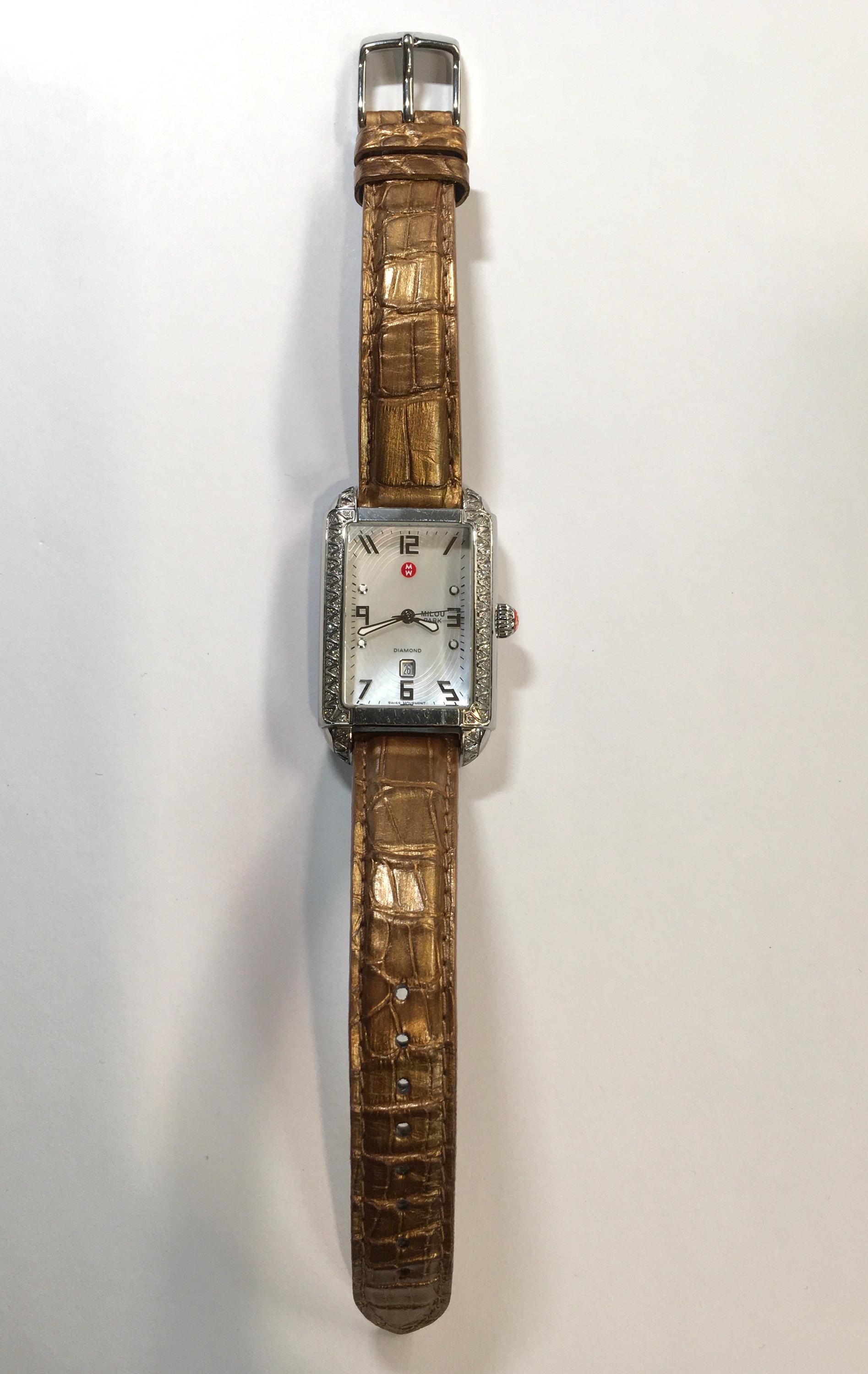 Michele Diamond Milou Park Rectangle Watch Gold Strap Mother  display picture 2
