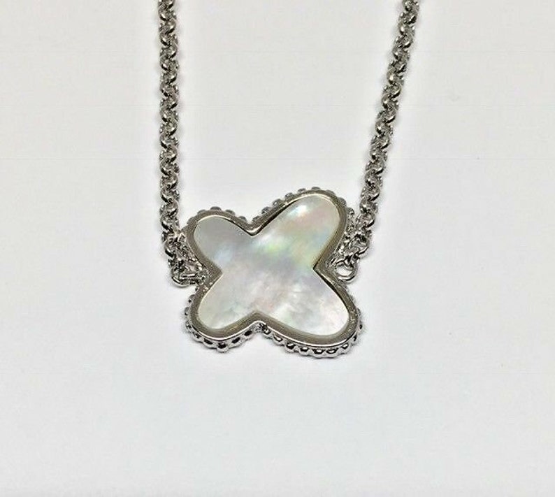 925 Sterling Silver Rhodium Plated Mother of Pearl Stationary Butterfly Necklace