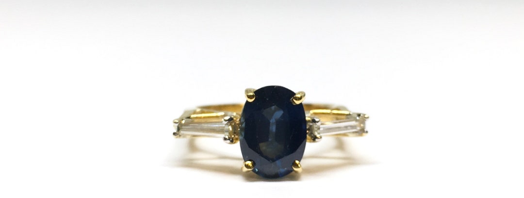 Estate 18k Yellow Gold Ceylon Blue Oval Sapphire Baguette Diamond Ring ...