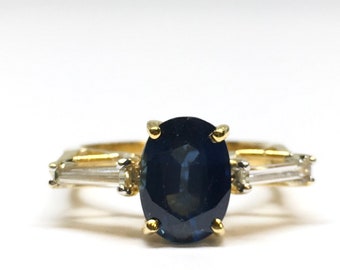 Estate 18k Yellow Gold Ceylon Blue Oval Sapphire Baguette Diamond Ring Size 6.25