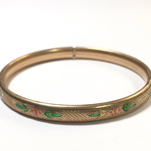 Antique Red Green Floral Enamel Baby Bangle 14k Yellow Gold Filled Bracelet