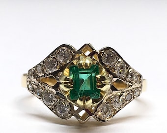 Estate 18k Yellow Gold Hallmarked Russian Green Emerald Diamond Ring Size 6.5