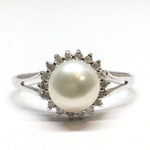 14k White Gold Pearl and Diamond Ring June Birthstone Pearl - Etsy