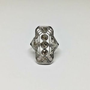 Antique Art Deco 18k White Gold Filigree Champagne Diamond Split Shank Ring Size 7