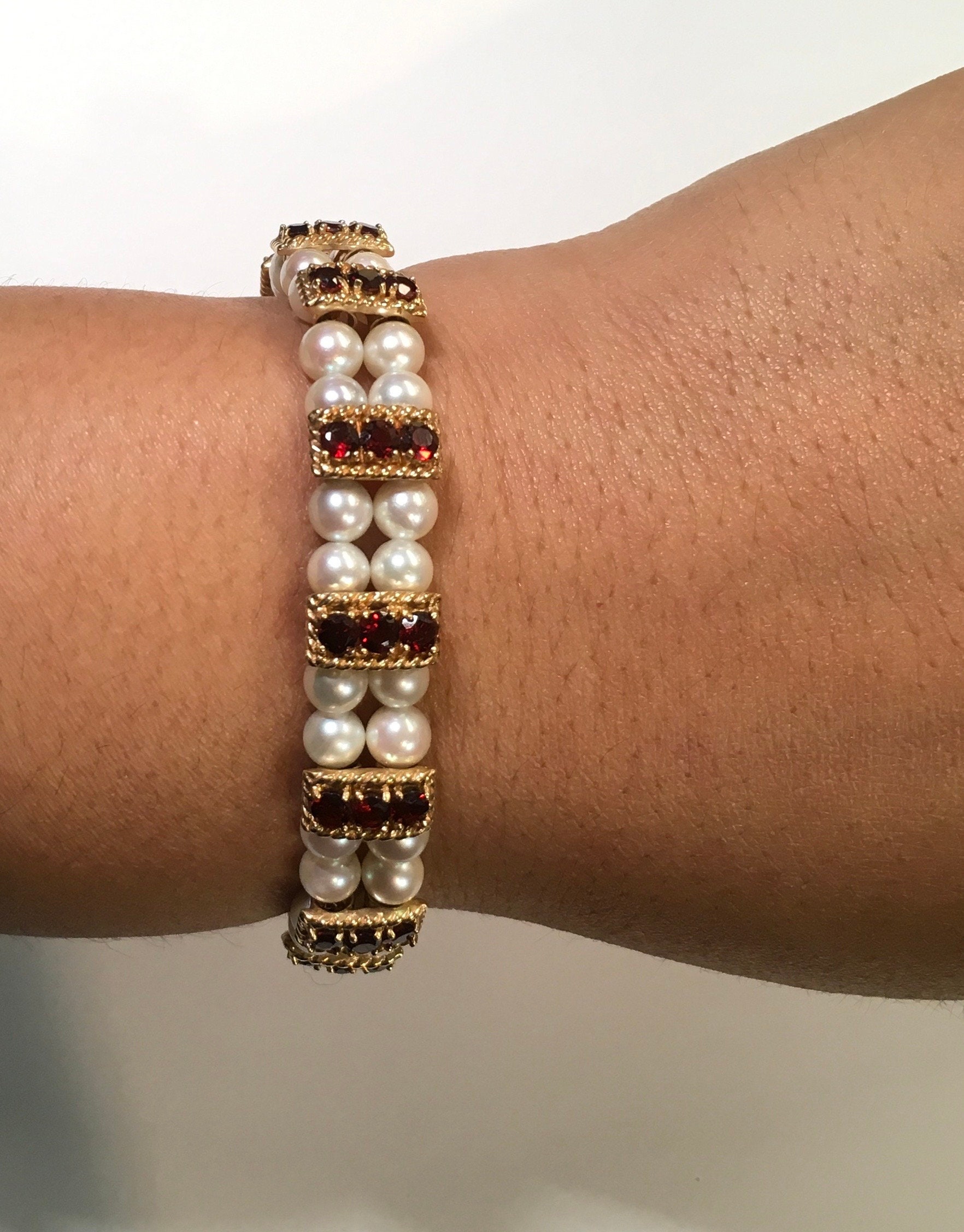 Vintage 14k Yellow Gold Lucien Piccard Red Garnet Round Pearl Rope