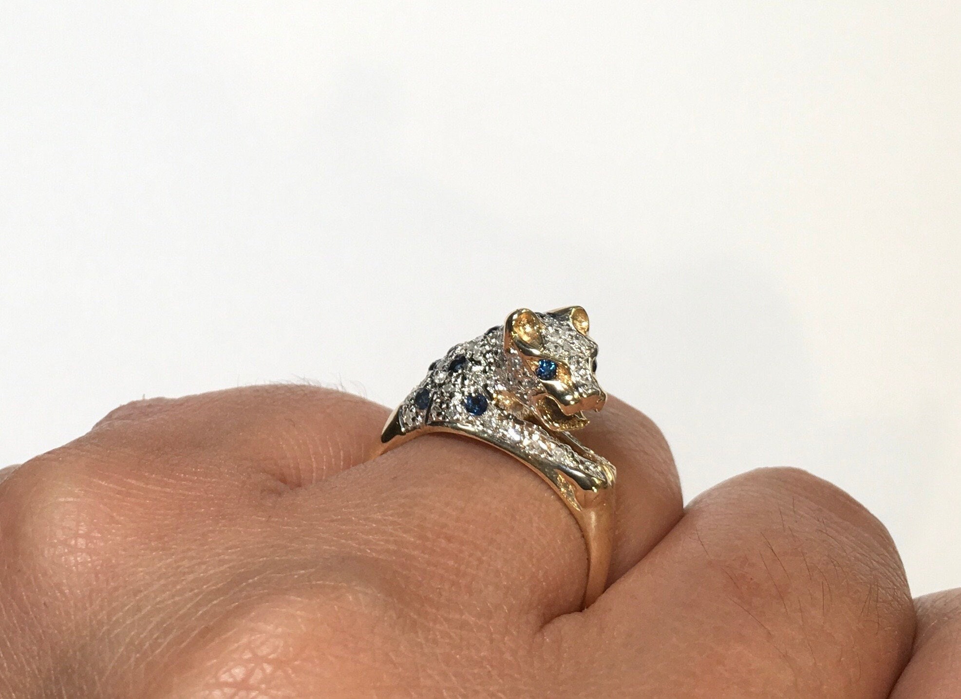 Vintage 10K Yellow Gold Round Diamond Blue Sapphire 3D Panther Cat