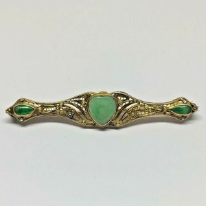 Estate 14k Yellow Gold Heart & Teardrop Shape Green Jade Filigree Brooch Pin