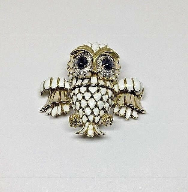 Vintage 18k Gold Owl Brooch: Opal Enamel, Sapphire & Diamond Pin