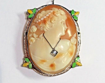 14k WG Antique Victorian Edwardian Enamel Diamond Neck Cameo Brooch Pin Pendant