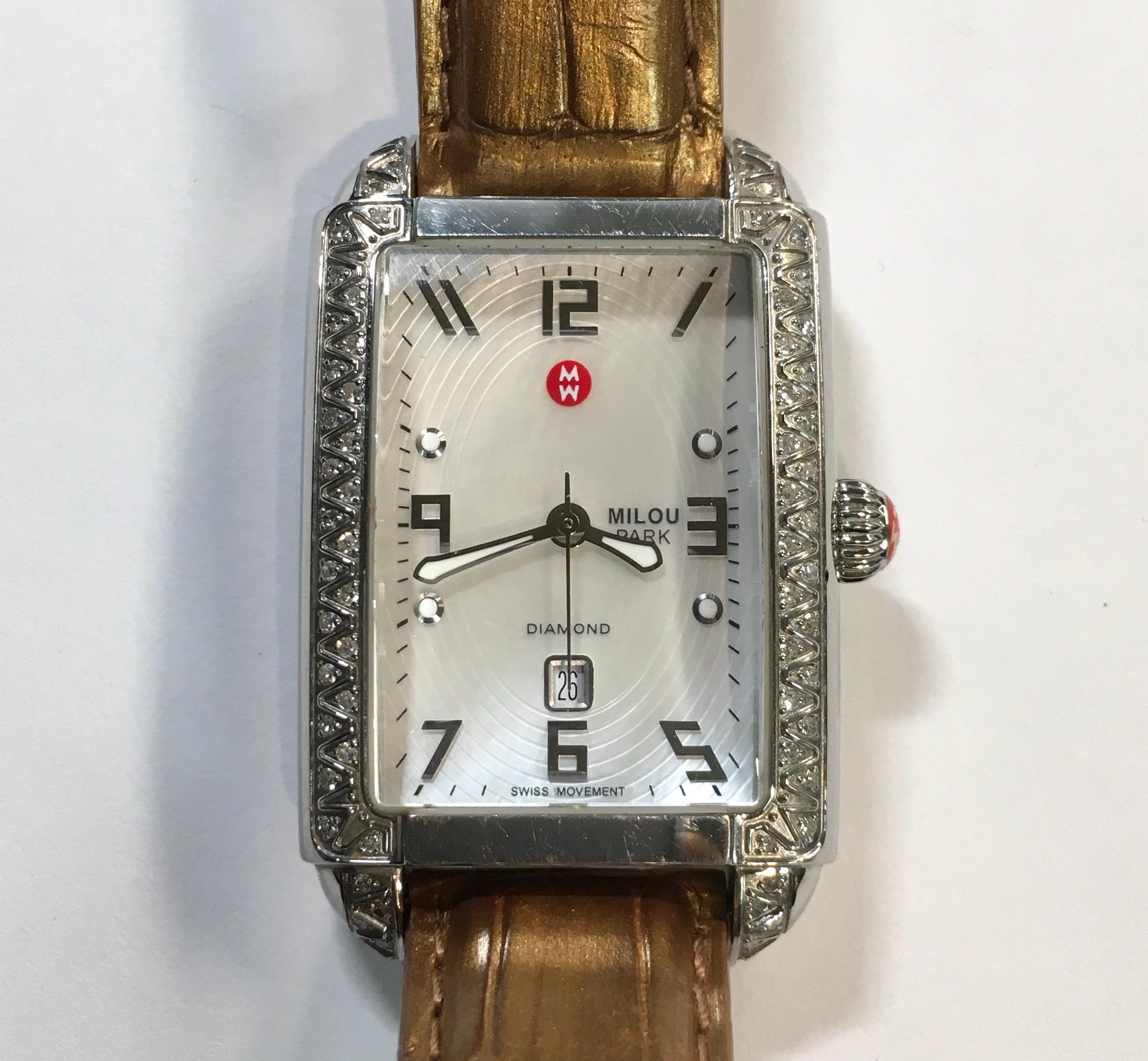 Michele Milou Park watch with leather band. Michele Milou Park Diamond 3-Link Watch MW W15C000016  main image 2