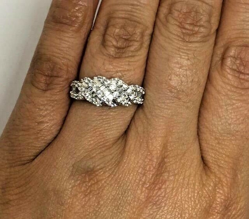 14k White Gold Round /& Baguette Diamonique CZ 1.00ctw Swirl Ring Size 8