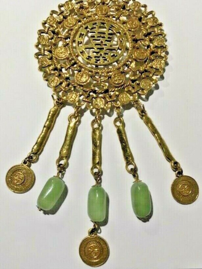 Signed Vintage Goldette Gold Tone Green Bead Chinese Zodiac Happiness Pendant Necklace