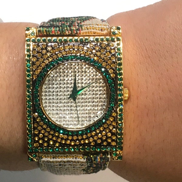 Large Joan Rivers Glitzy Green, Yellow, Black & Silver Cloth Strap Crystal Watch