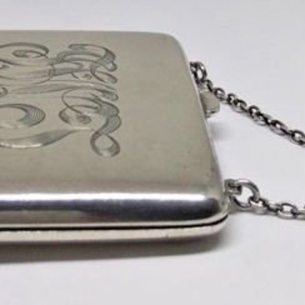 Antique Vintage Sterling Silver 3 Letter Monogrammed Leather Coin Dancing Purse Bag Pocketbook with Chain